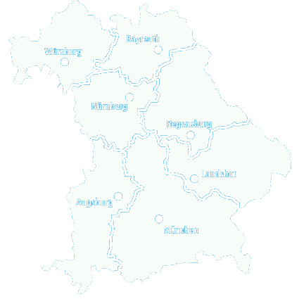 Karte von Bayern mit den Regierungsbezirken und den Städten Würzburg, Bayreuth, Nürnberg, Regensburg, Landshut, Augsburg und München