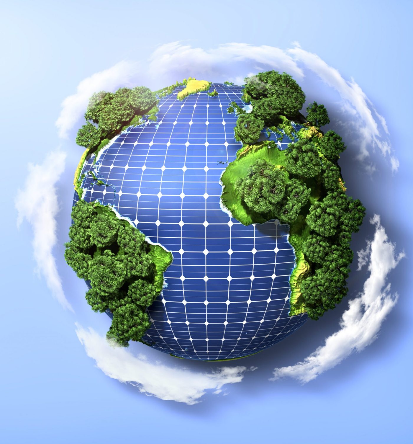 Erde als grüner Planet, umgeben von Solarmodulen